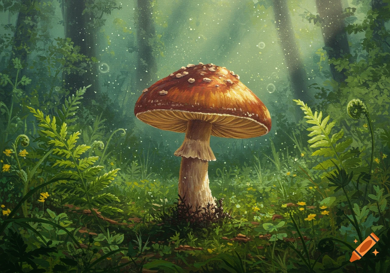 A vibrant acrylic painting of a red and white spotted mushroom glowing in a sunlit, mystical forest with ferns and small plants.