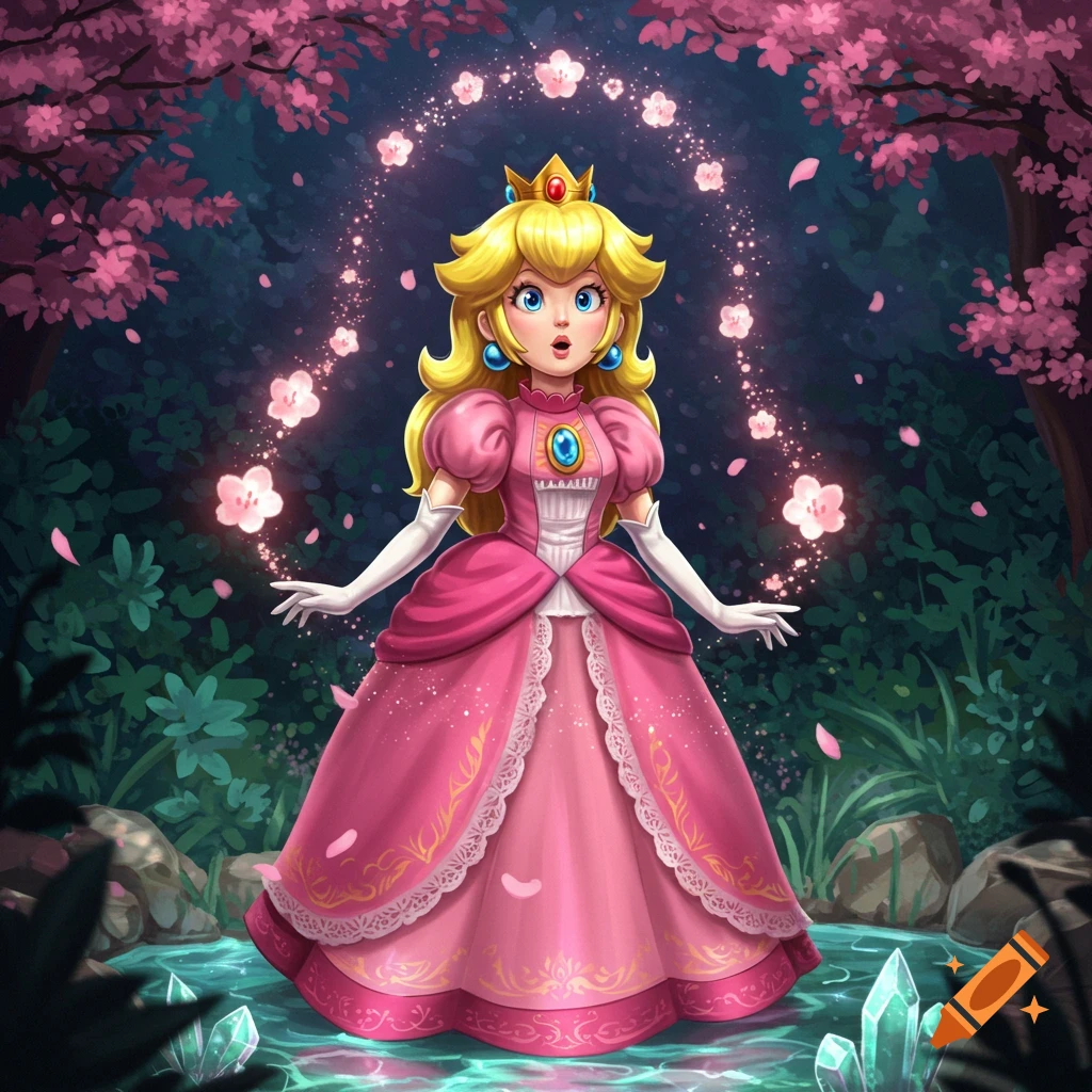 Princess Peach in a pink dress and crown stands mesmerized in a magical forest surrounded by glowing pink cherry blossoms.