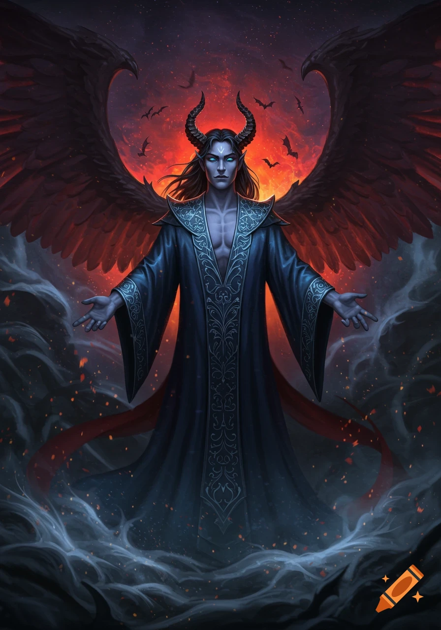 A powerful horned, blue-skinned figure with large dark wings and glowing eyes stands in a fiery, smoky landscape with bats flying in the sky.