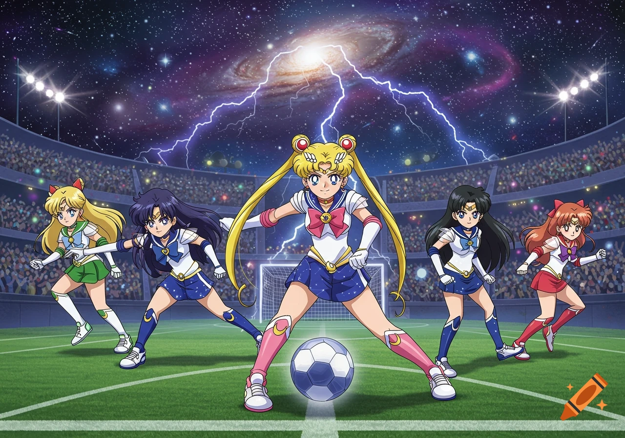 Anime characters in soccer uniforms on a stadium field under a cosmic sky with lightning, featuring a soccer ball.