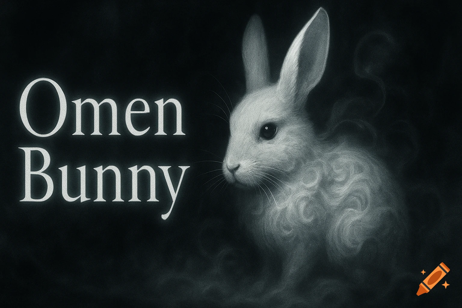 A white rabbit with swirling smoky fur on a dark background, next to text "Omen Bunny" in white.