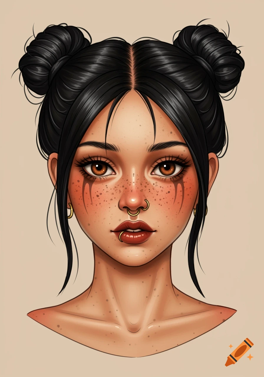 Illustrated portrait of a woman in American traditional tattoo style with black hair in buns, freckles, brown eyes, and facial piercings.