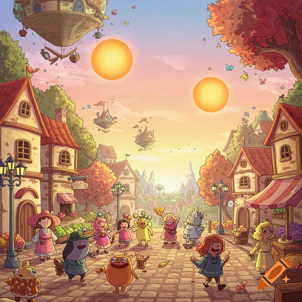 A whimsical town square at sunset with two suns in the sky, featuring floating houses and a group of diverse, happy cartoon characters.