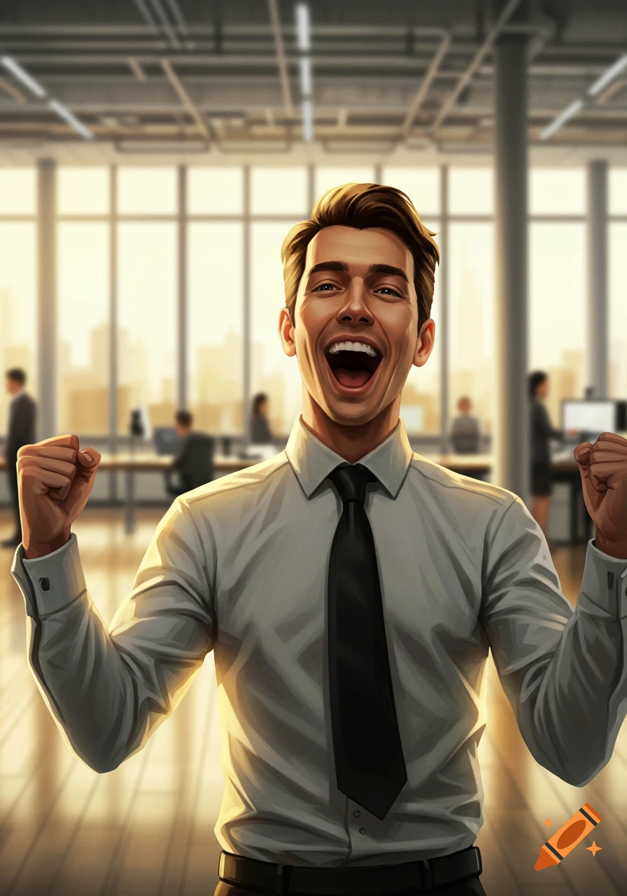 A man in a white shirt and black tie, with a wide smile and raised fists, celebrates in a bright office.