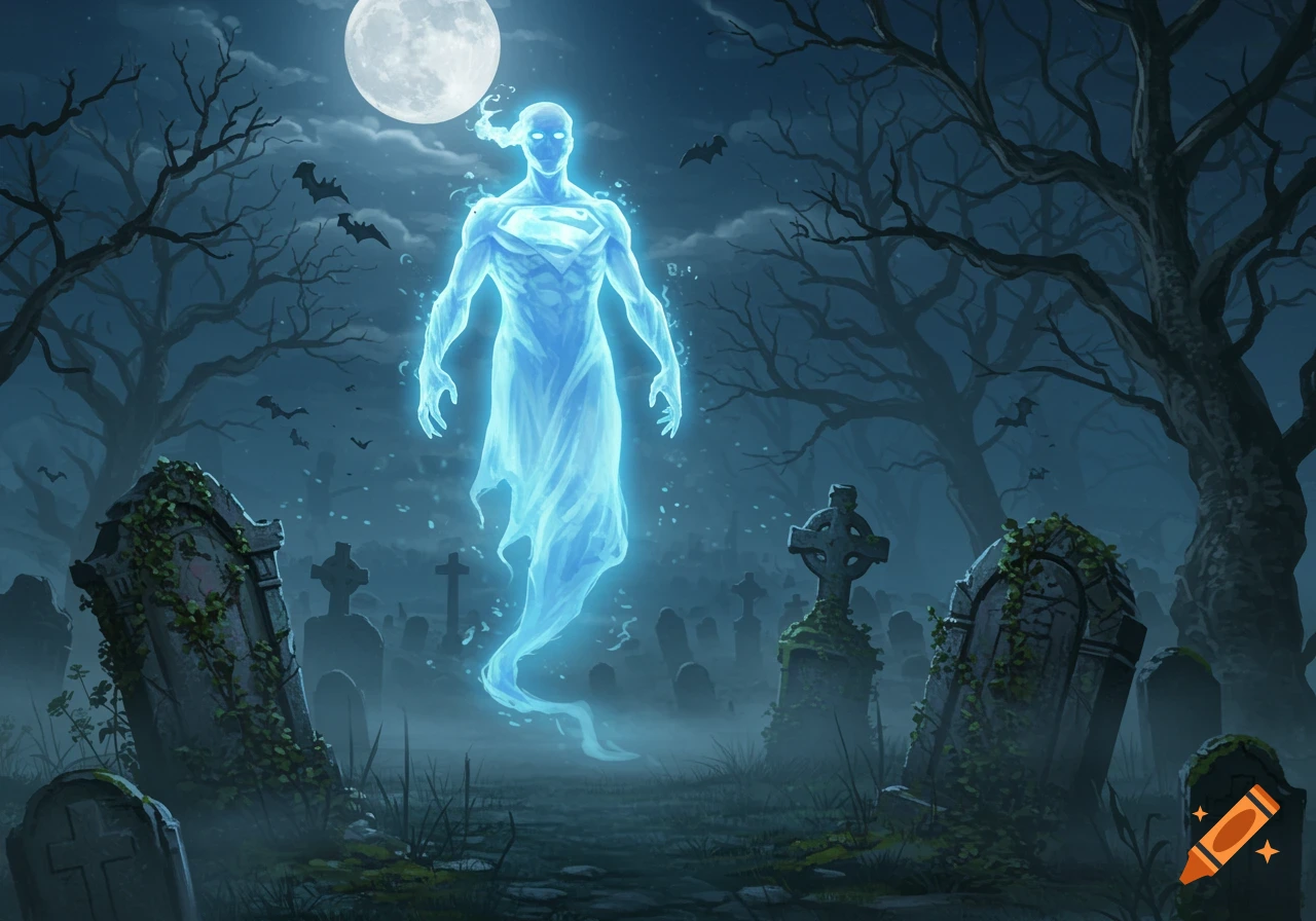 A glowing blue ghost with a Superman symbol floats in a misty graveyard under a full moon with bats flying.