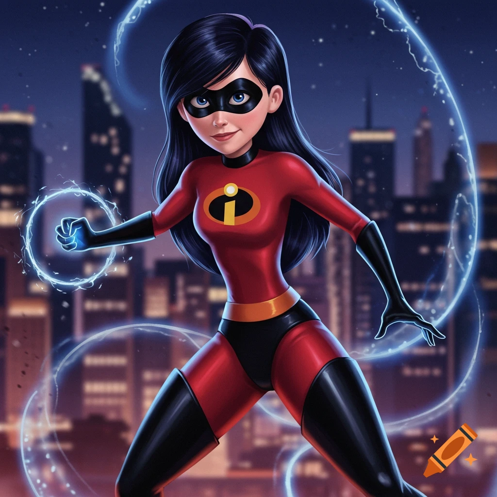 Violet Parr from The Incredibles in her red and black superhero suit, with glowing blue energy rings around her hands, standing in front of a city skyline at night.