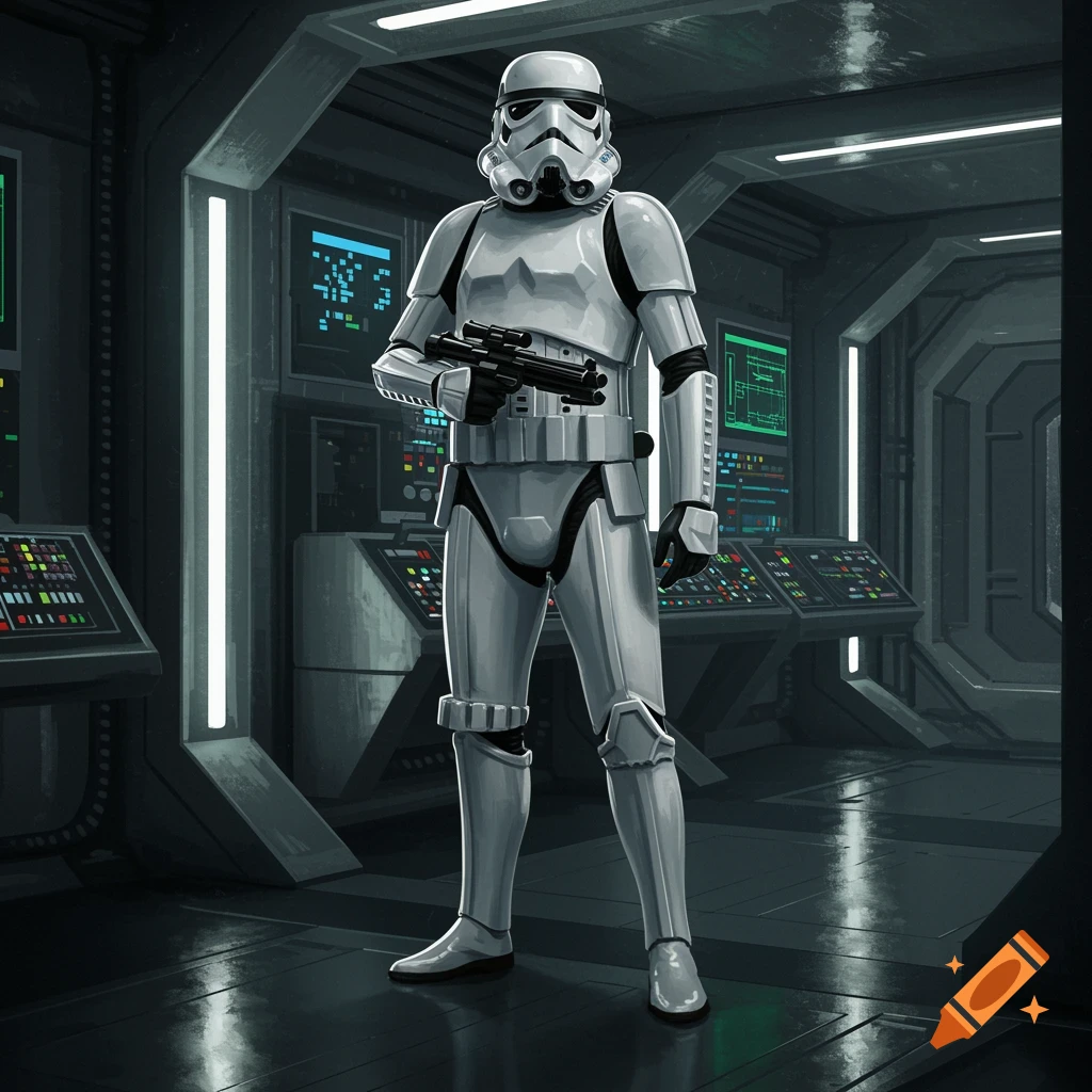 A Stormtrooper in full white armor stands holding a blaster rifle in a dimly lit, futuristic command center with glowing blue and green screens.