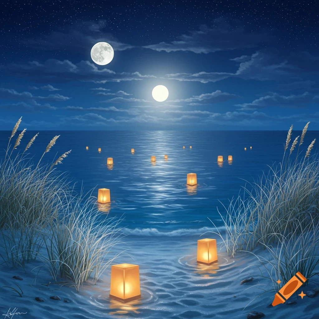 A serene night landscape featuring glowing lanterns floating on calm water near a sandy beach with tall grass under a starry sky with two bright moons.