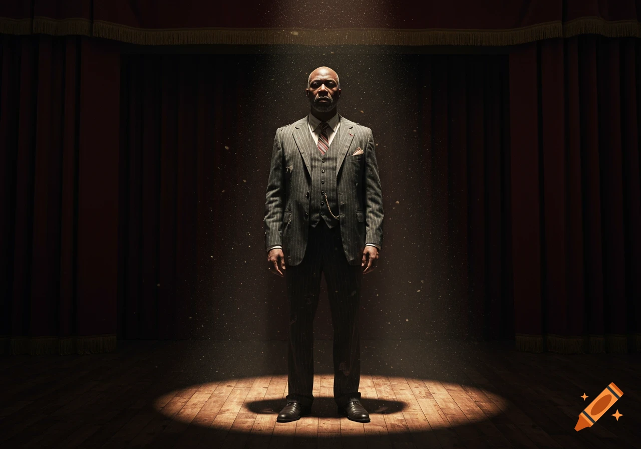 A man in a worn three-piece suit stands under a cinematic spotlight on a dark theater stage.