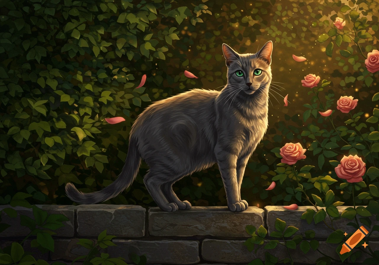 A gray cat with bright green eyes stands on a stone wall in a sunlit garden with pink roses and lush green foliage.
