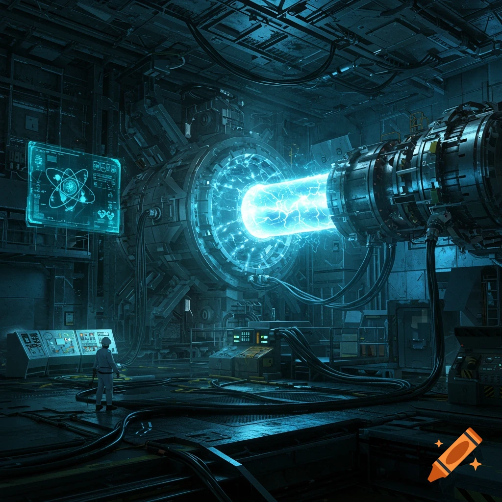 A scientist stands in a futuristic laboratory with a large machine emitting a bright blue energy beam.