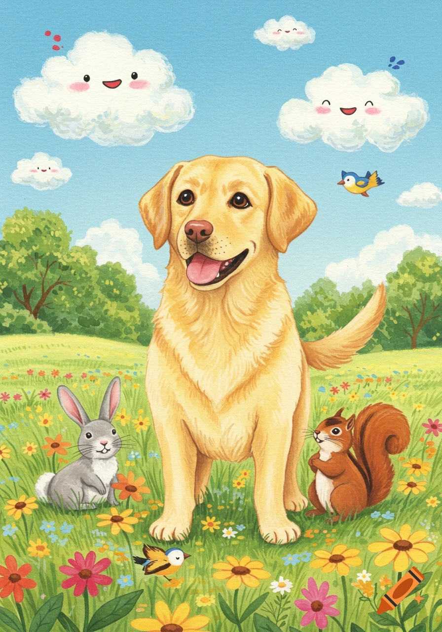 Happy golden labrador in a colorful field with a rabbit, squirrel, and birds, under smiling cartoon clouds. Watercolor illustration.