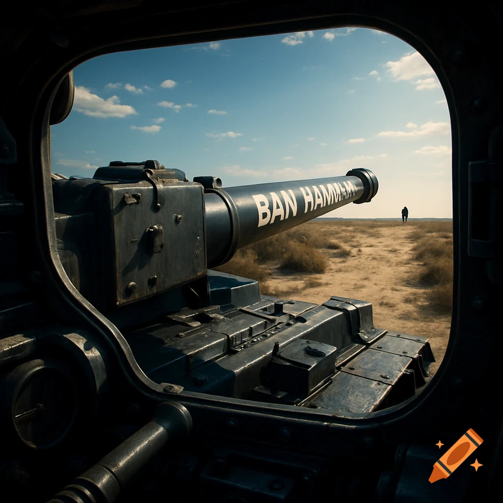 A photorealistic view from inside a tank, showing its barrel with "BAN HAMM" painted on it, aimed at a distant person in a vast desert under a blue sky.