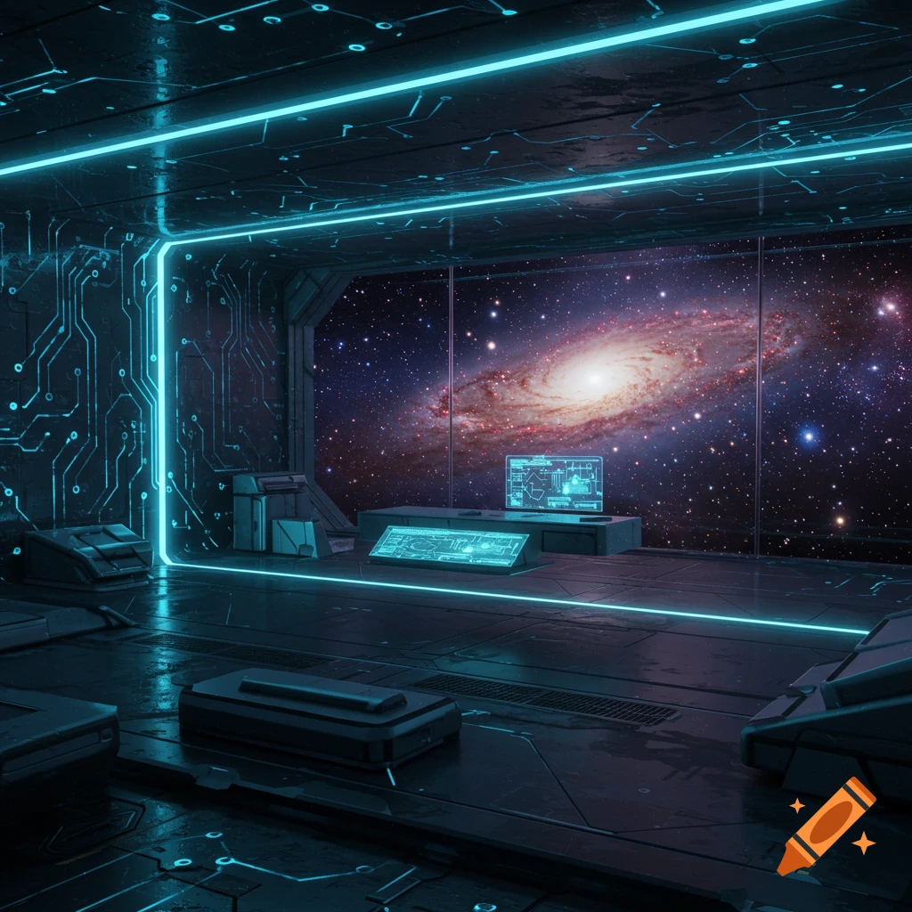 A futuristic sci-fi room with blue neon lights and circuit board patterns, featuring a large window overlooking a spiral galaxy in space.