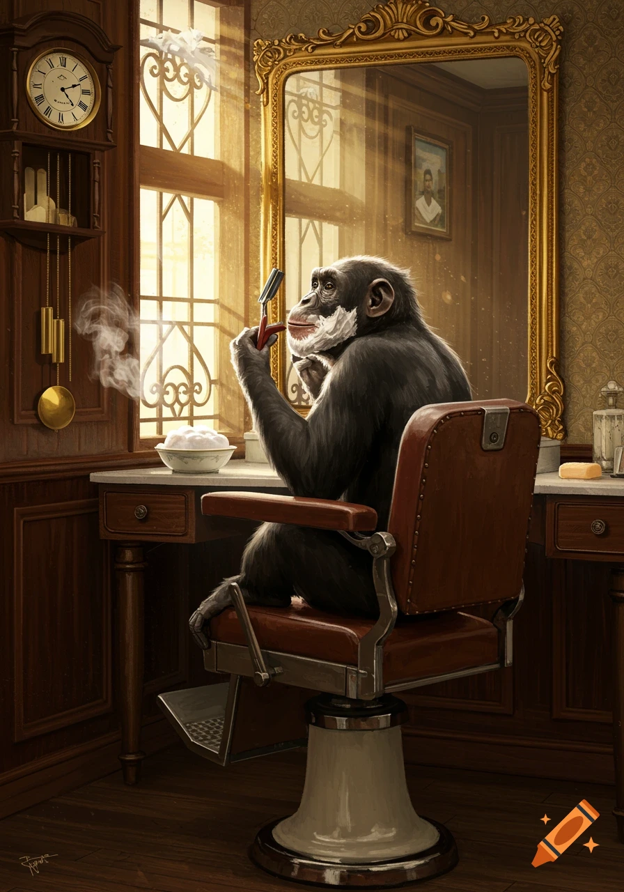 A chimpanzee with shaving cream sits in a vintage barber chair, holding a straight razor and looking in a mirror in a sunlit barber shop. Illustration.