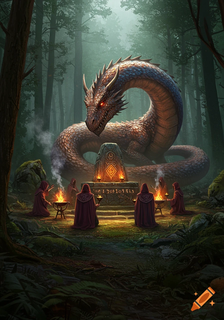 A large dragon watches robed figures performing a ritual around a glowing altar in a misty forest.
