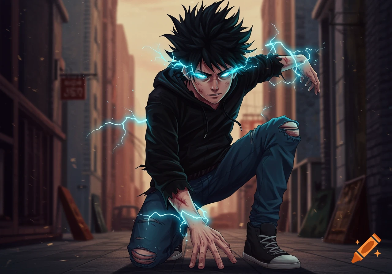 Anime character with black spiky hair and glowing blue eyes, kneeling in an alley with electricity crackling around him.