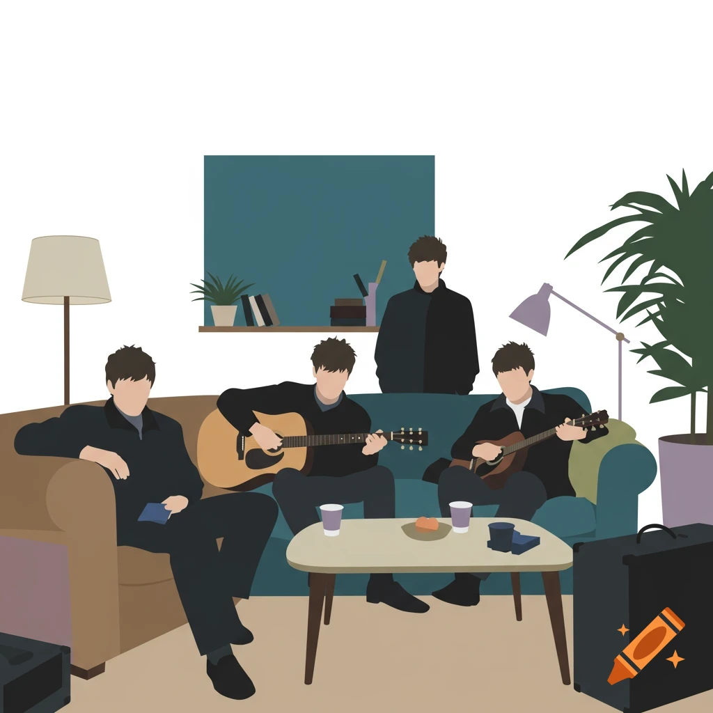 Minimalist illustration of four men, resembling a band, playing guitars in a living room, rendered with block colors.