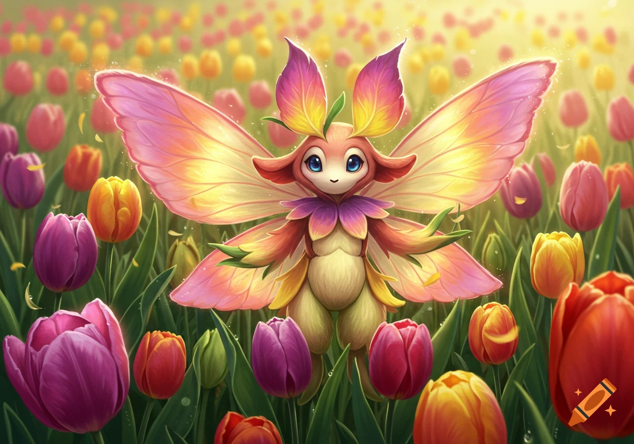 A cute, whimsical creature with colorful petal-like wings stands in a vibrant field of red, purple, and yellow tulips.