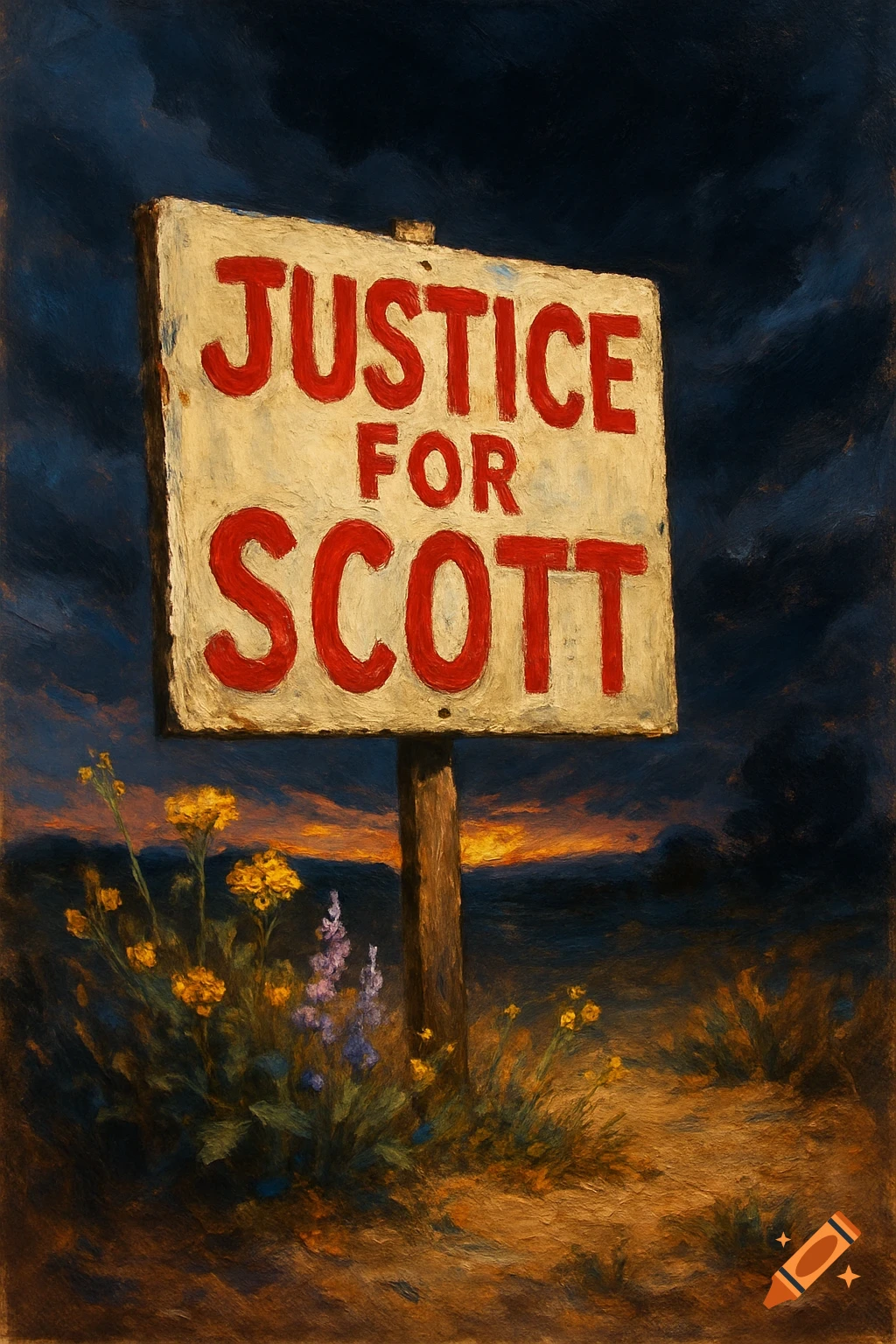 An oil painting of a 'Justice for Scott' sign in a dark landscape with wildflowers at sunset.