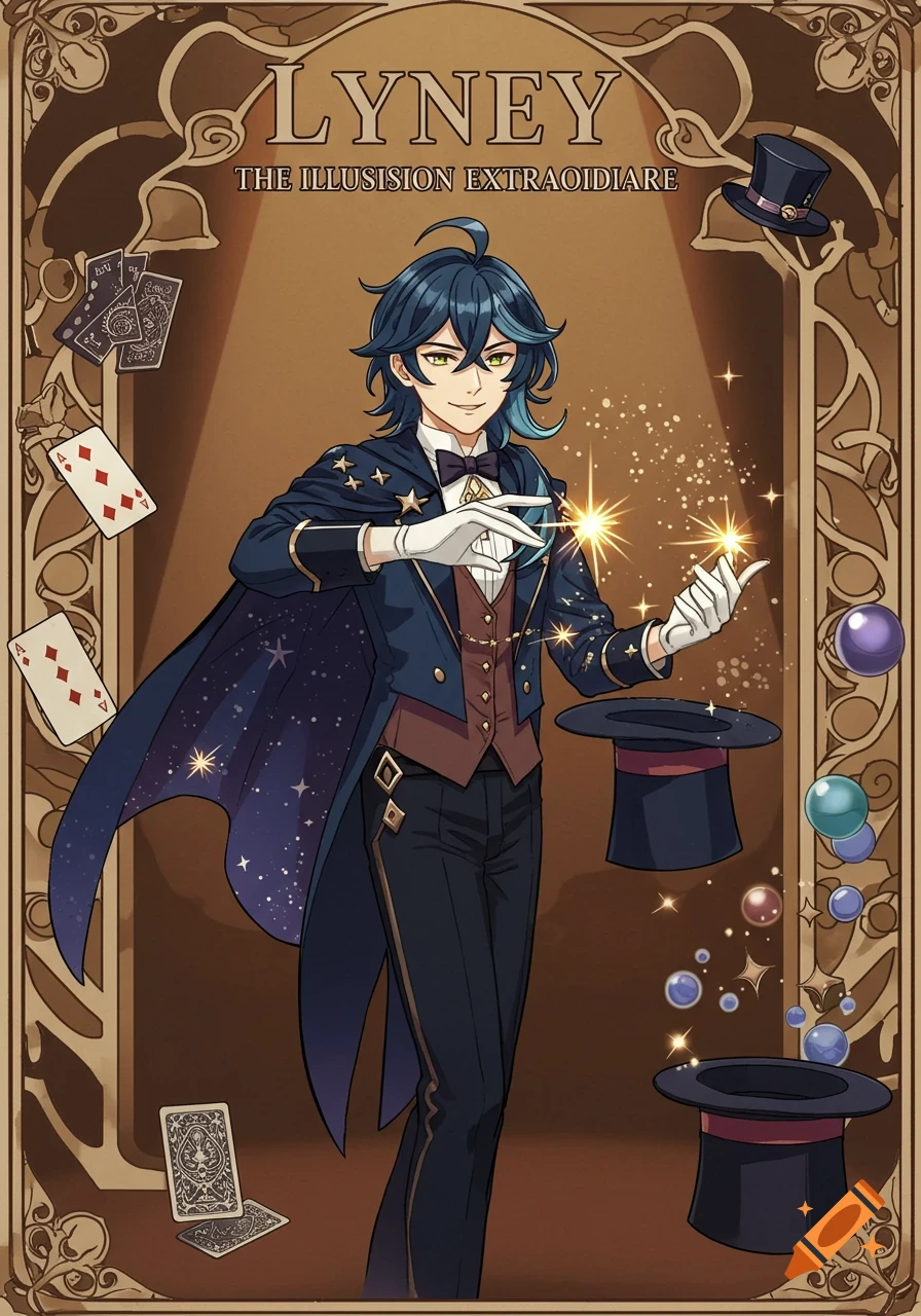 An anime-style poster featuring Lyney from Genshin Impact as a magician, surrounded by playing cards, magic hats, and sparkling effects.