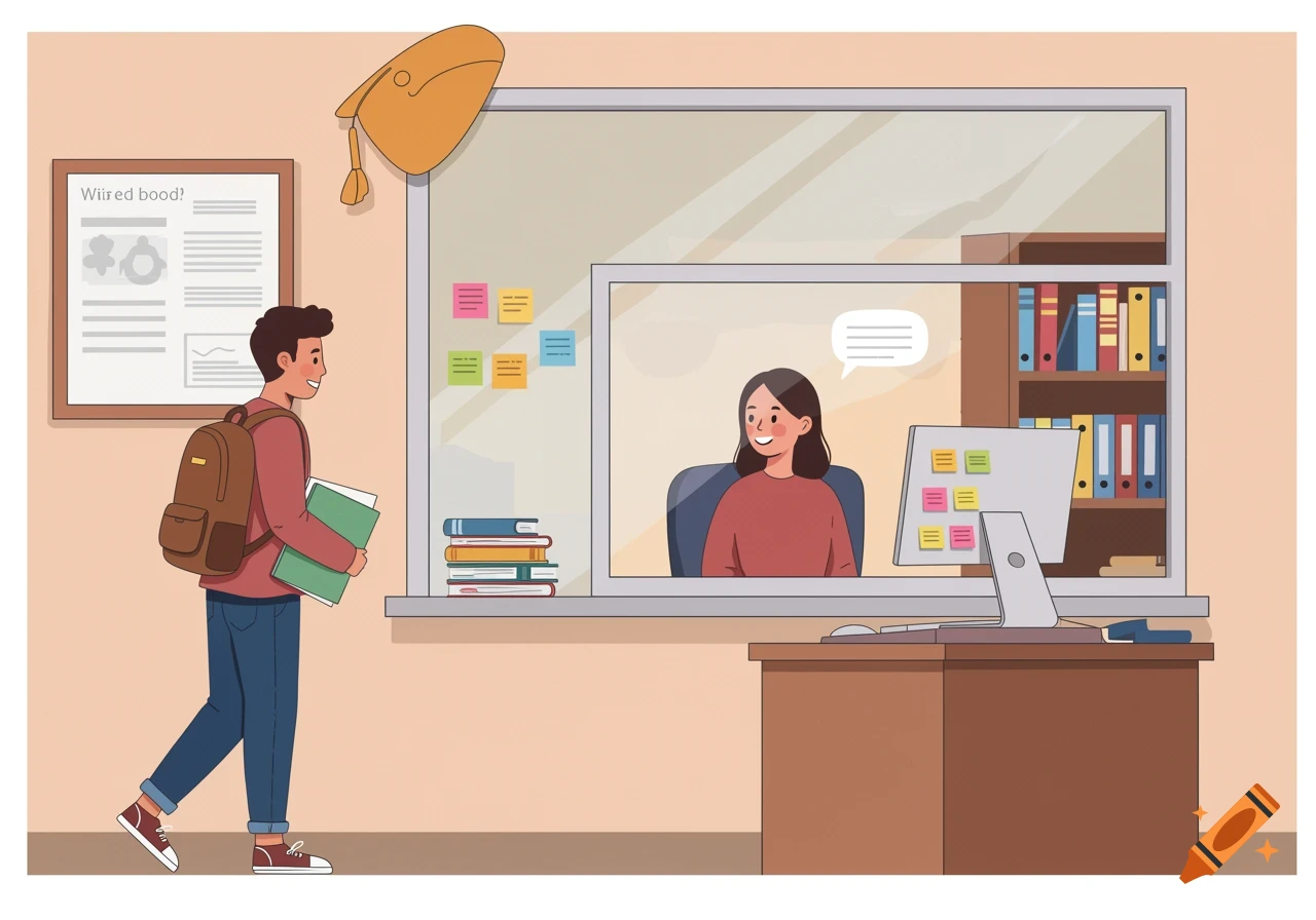 A flat illustration of a male student with a backpack and books approaching an office window, where a female administrative person sits smiling behind a desk.