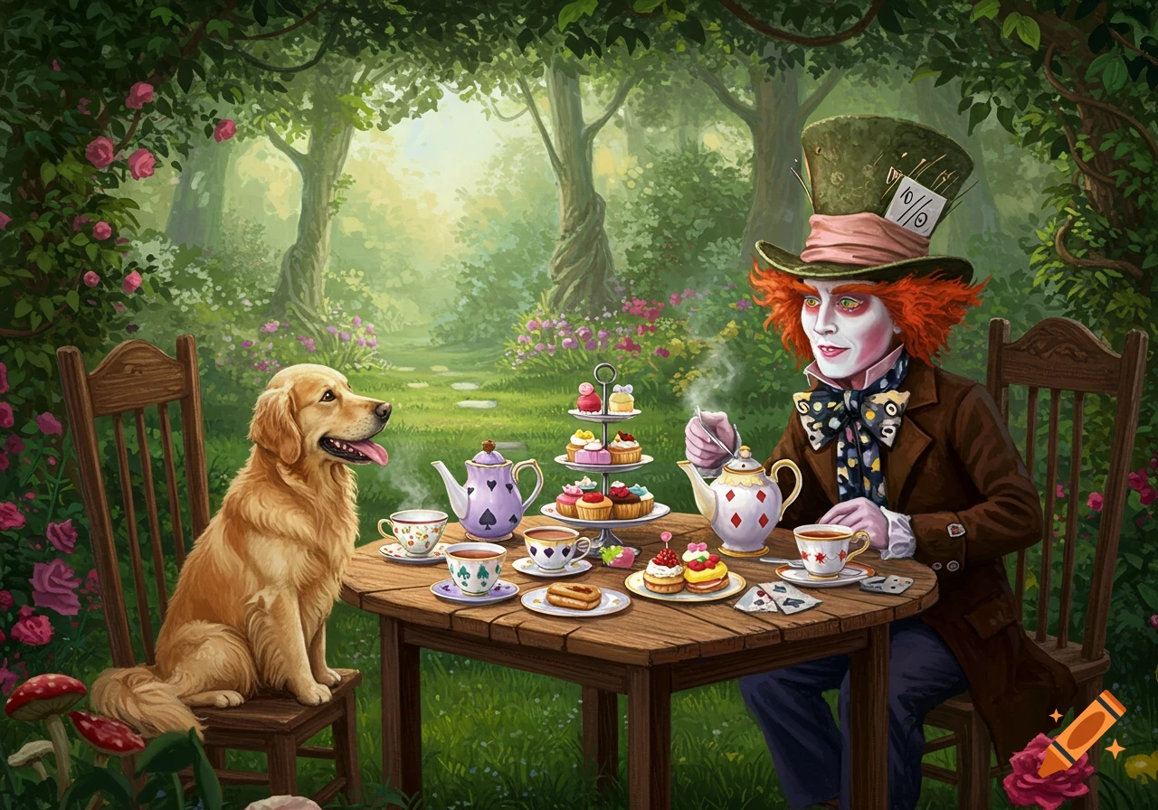A Mad Hatter and a golden retriever share a tea party at a wooden table in a magical forest, surrounded by blooming roses and mushrooms, in an illustrative style.