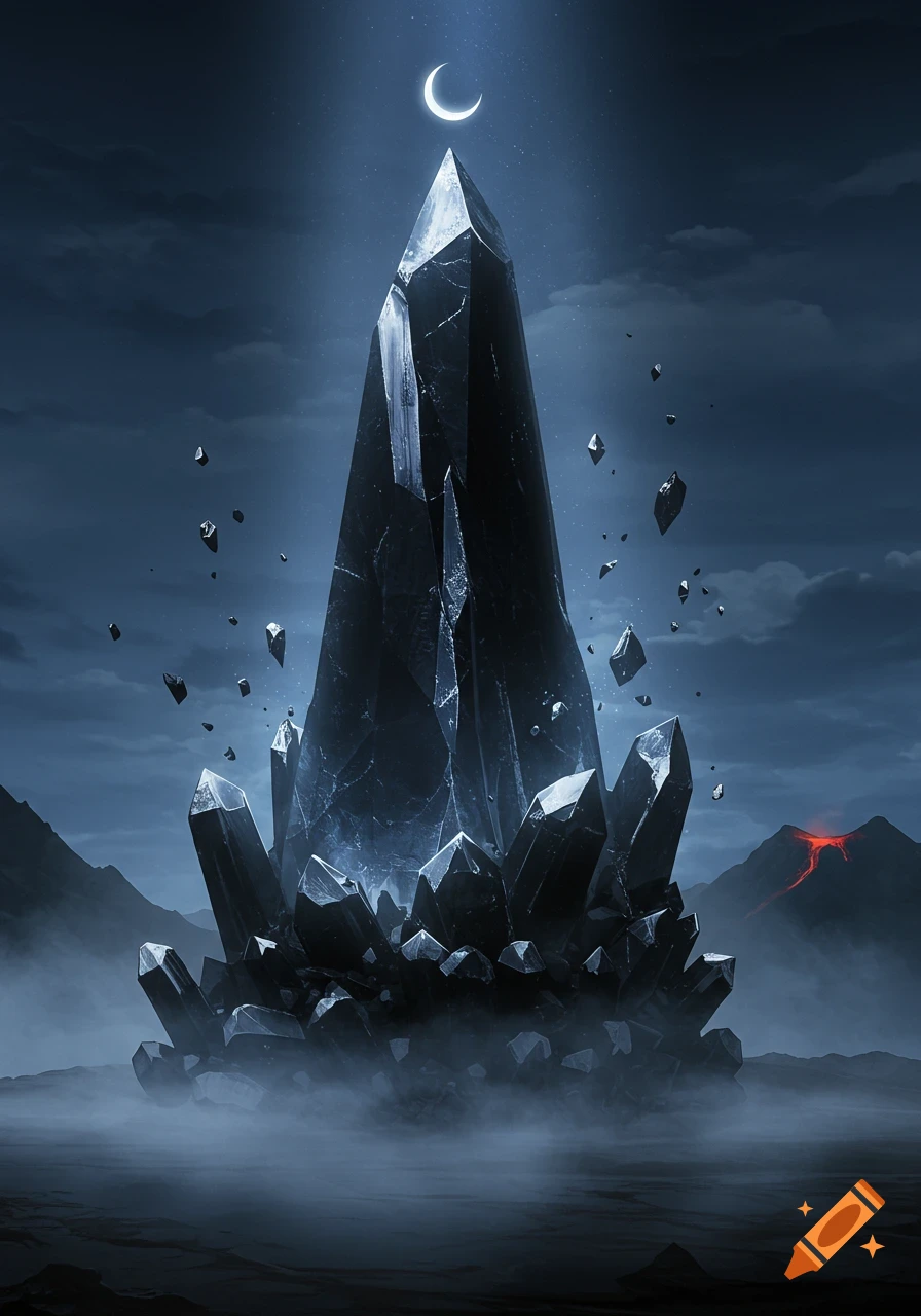 A large, dark obsidian crystal tower stands in a misty landscape under a crescent moon, with floating crystal fragments and a distant volcano.