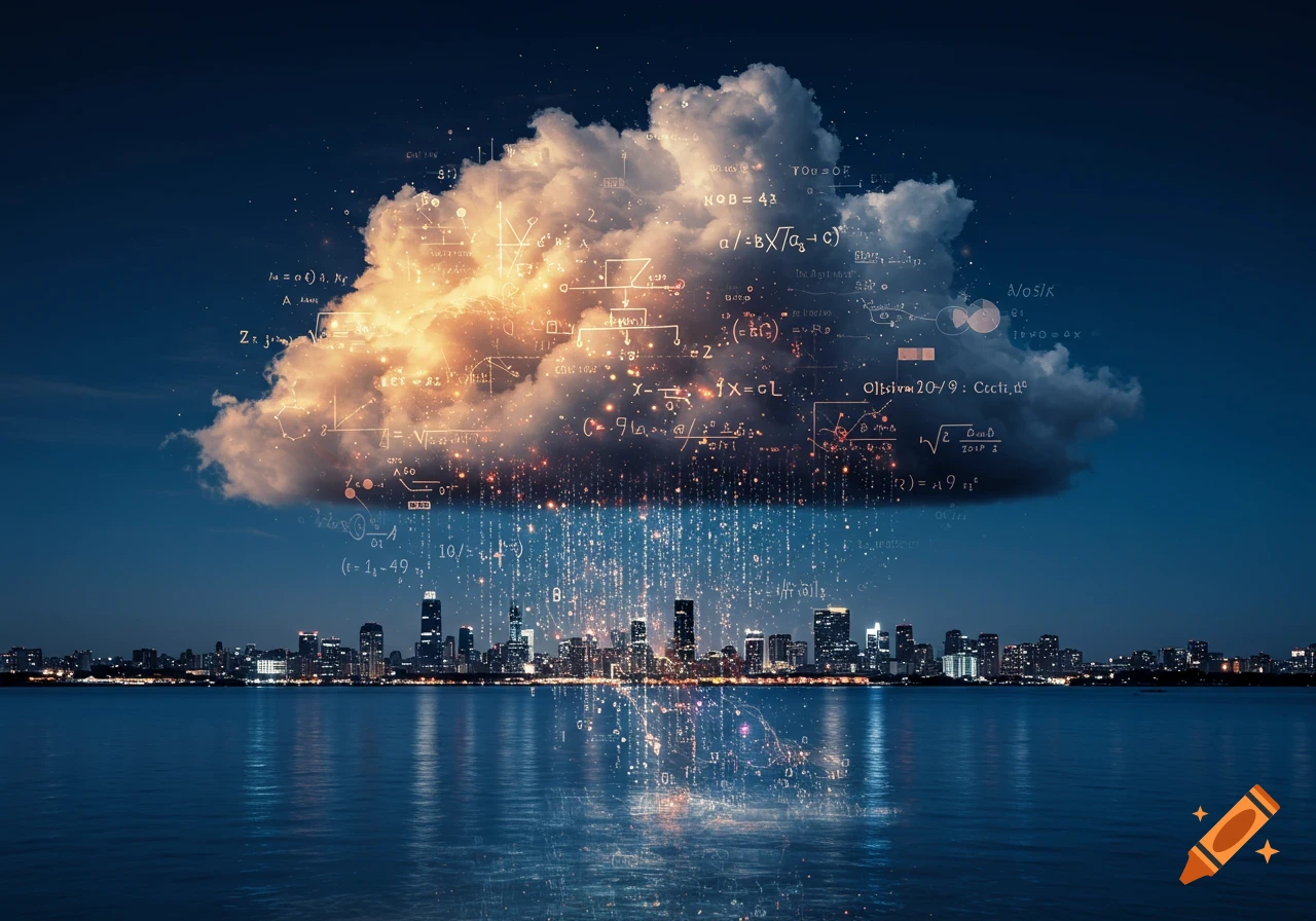 A glowing cloud filled with mathematical equations and symbols raining data streams onto a vibrant city skyline across a body of water at dusk.