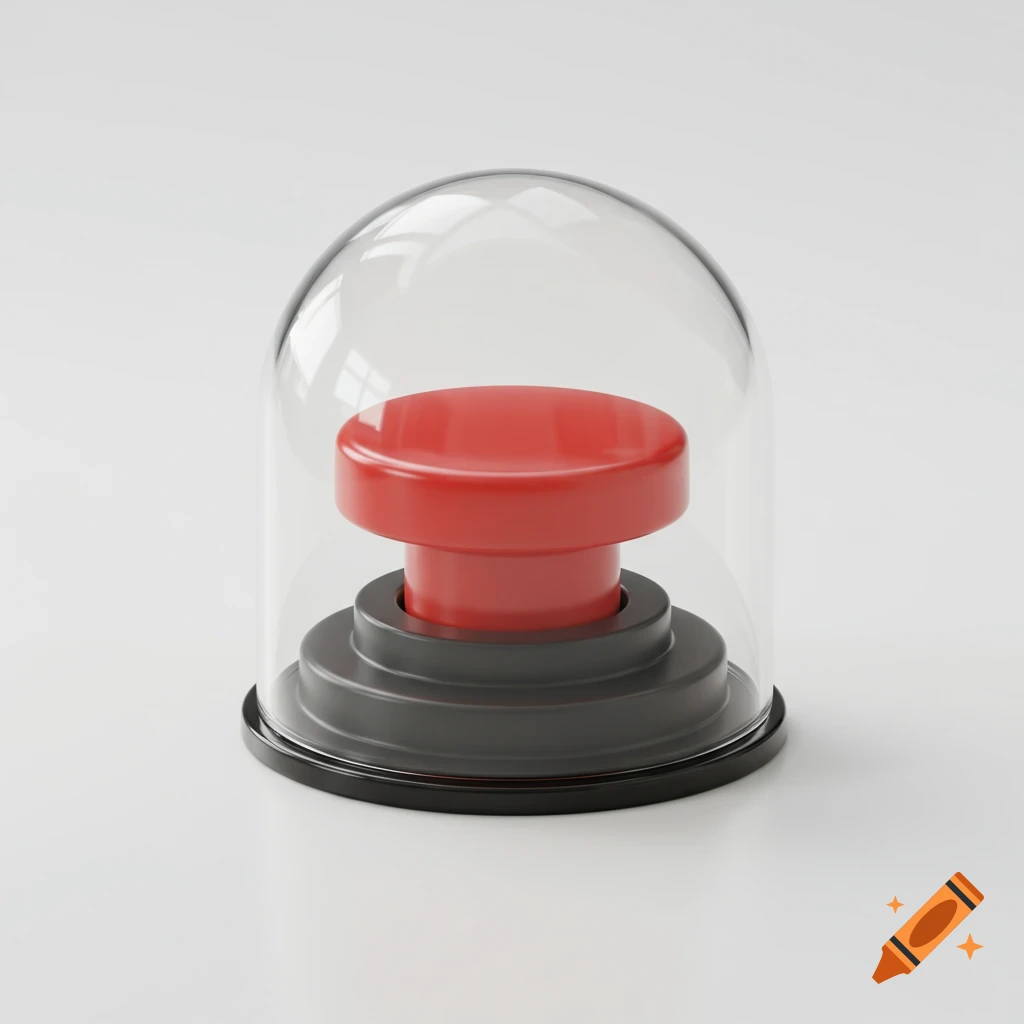 A red push button under a clear glass dome on a white background.
