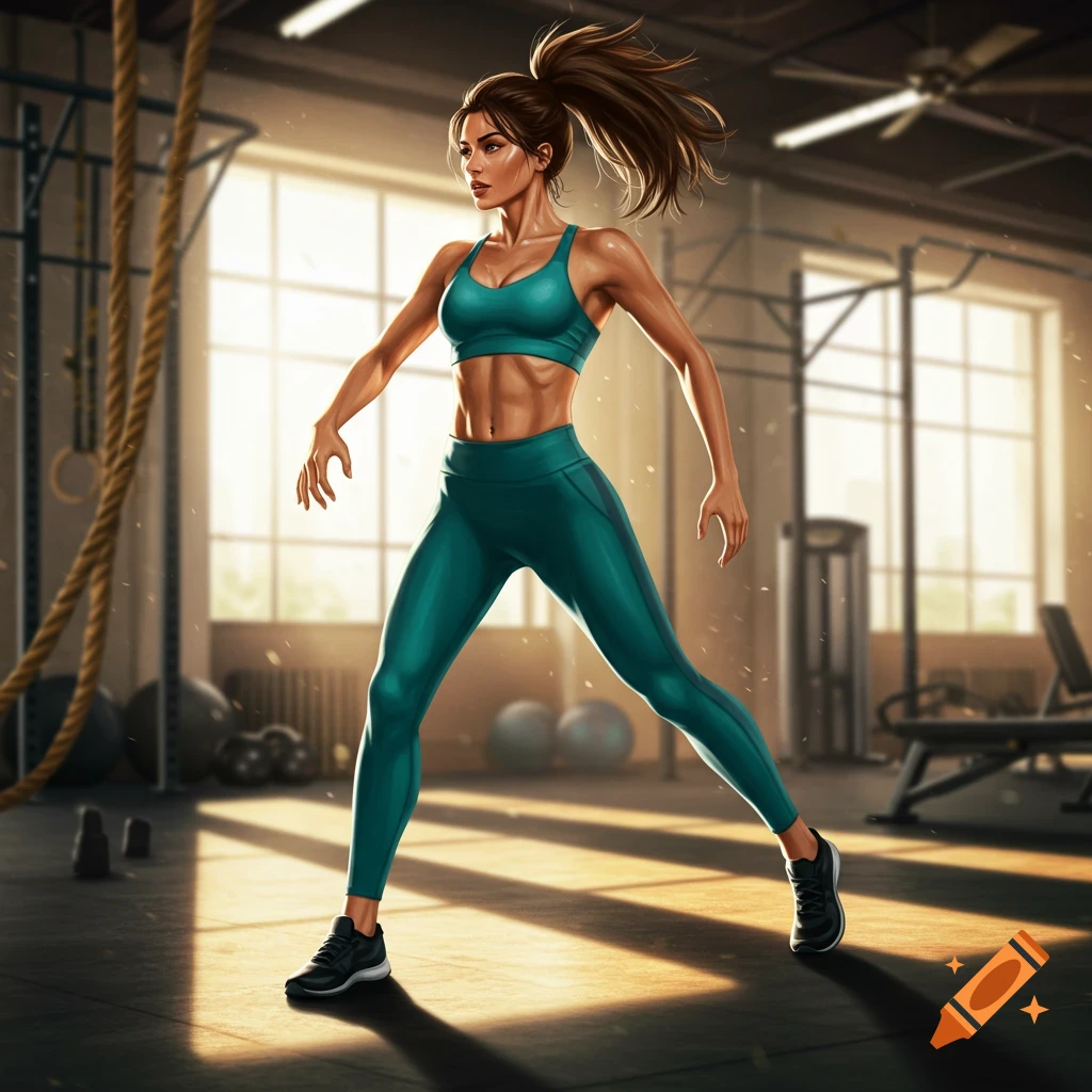 A fit woman in a teal sports bra and leggings poses in a sunlit gym, looking dynamic and strong, digital illustration.