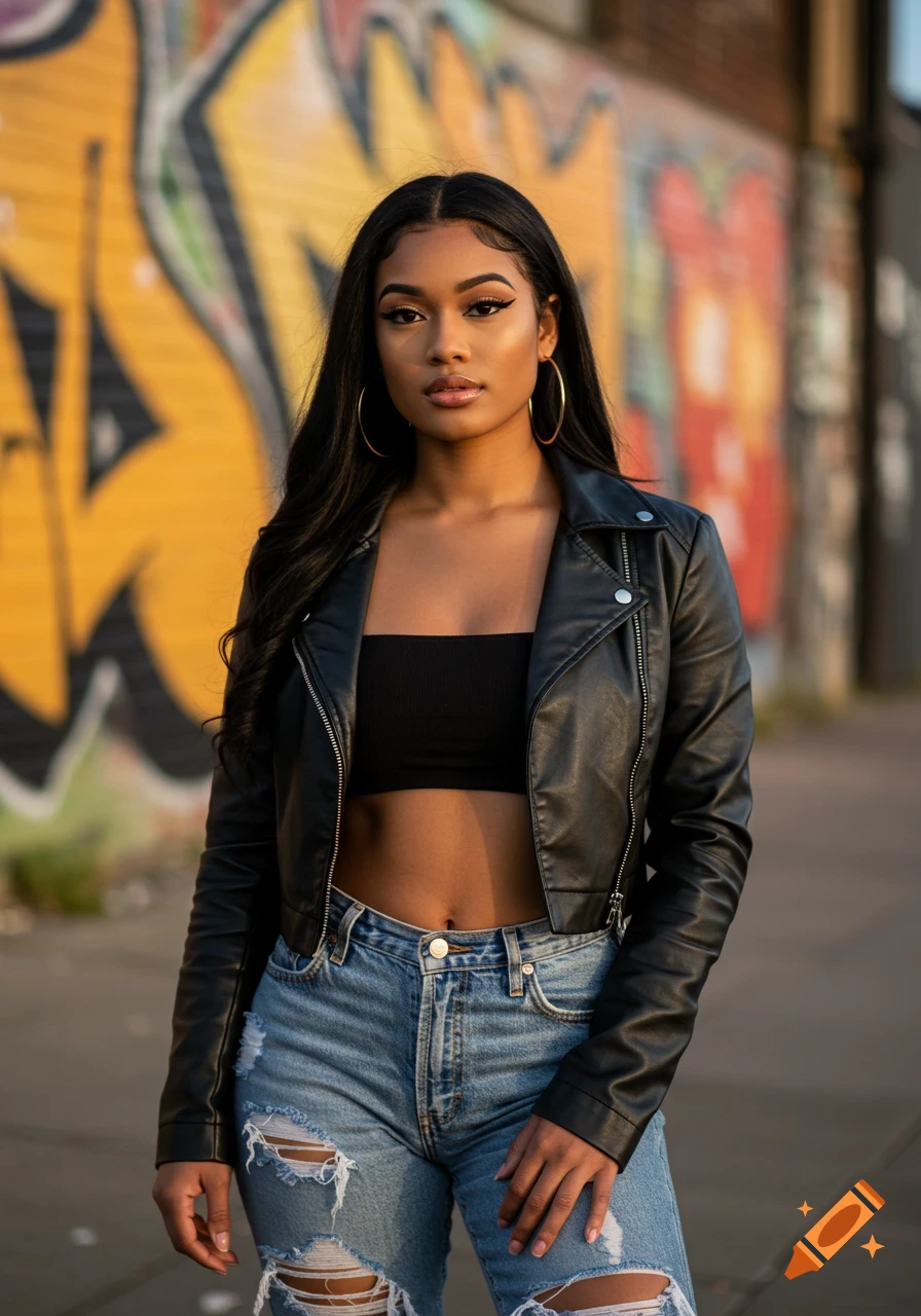 Photorealistic portrait of a confident young woman in a leather jacket and ripped jeans in front of graffiti.