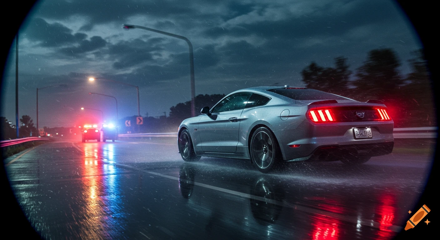 A silver Ford Mustang speeds down a wet road at night, with police lights reflecting off the asphalt behind it.