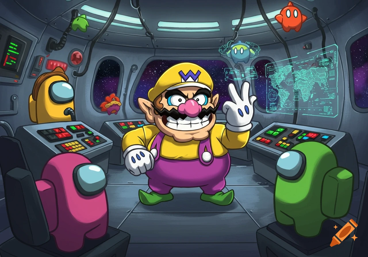 Cartoon illustration of Wario in a spaceship with various Among Us characters, giving a peace sign.