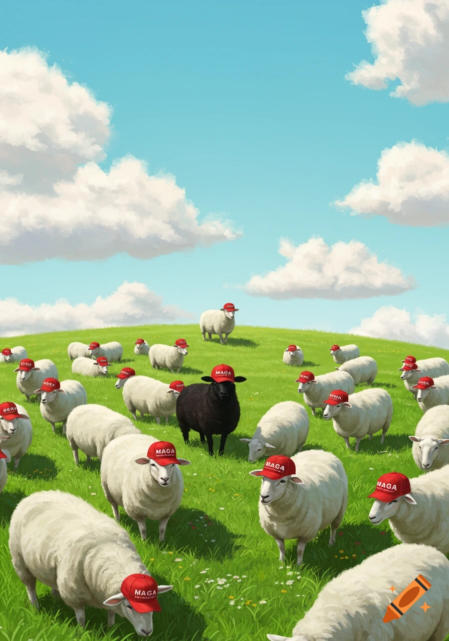 A flock of white sheep in a green field wearing red MAGA hats, with one black sheep standing among them, under a blue sky.