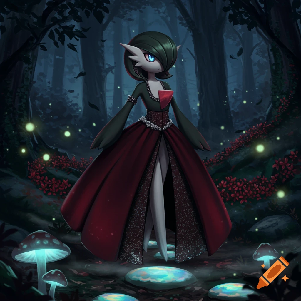 A gothic Gardevoir wearing a red and black dress stands in a dark, magical forest with glowing mushrooms and fireflies.
