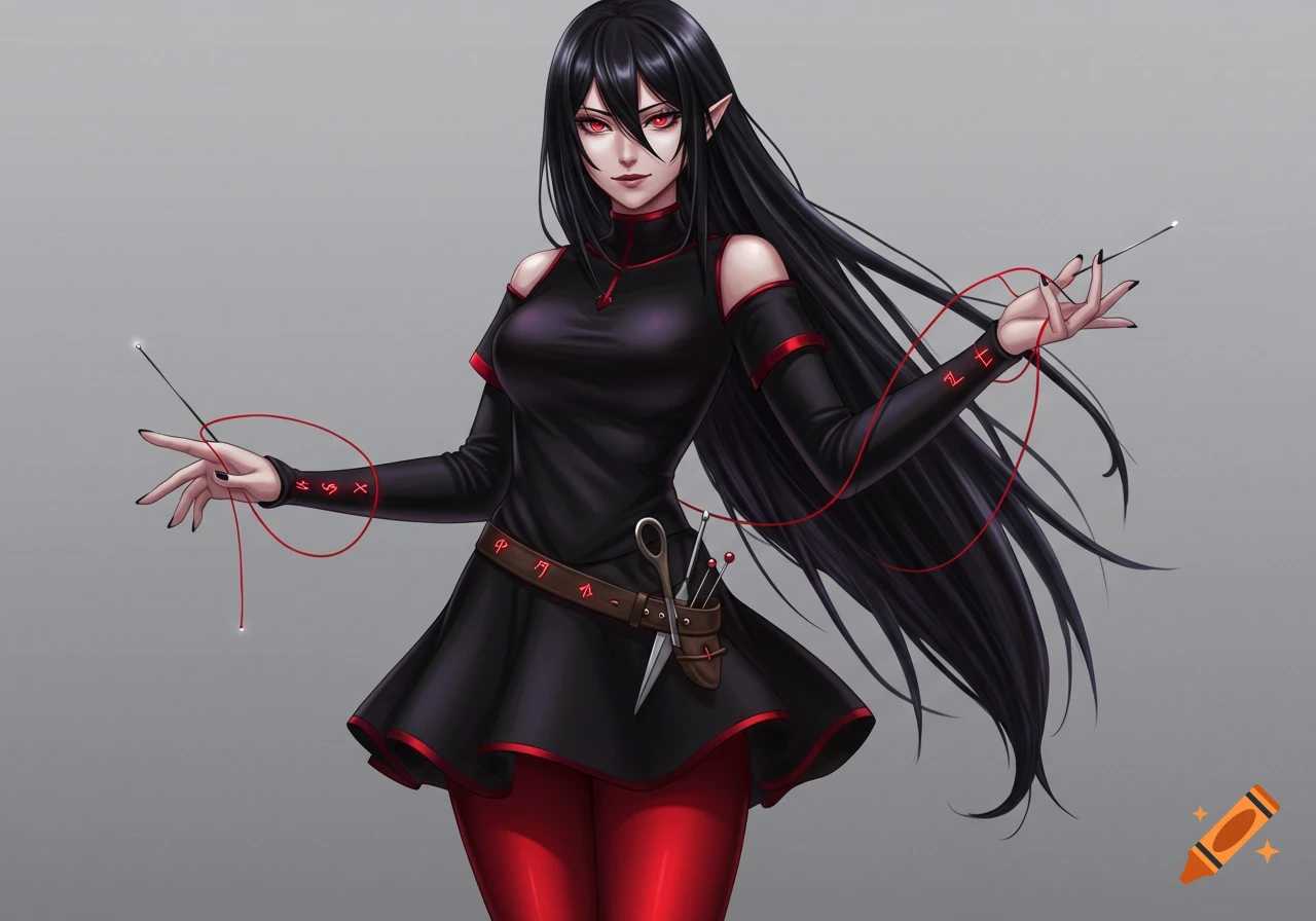 An anime woman with black hair and red eyes, wearing a black and red dress, holding a needle and red thread.