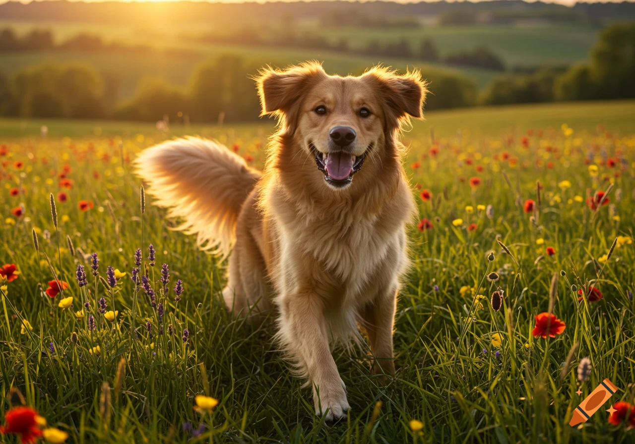 A happy golden retriever-like dog with bright fur runs through a vibrant field of wildflowers at sunset.