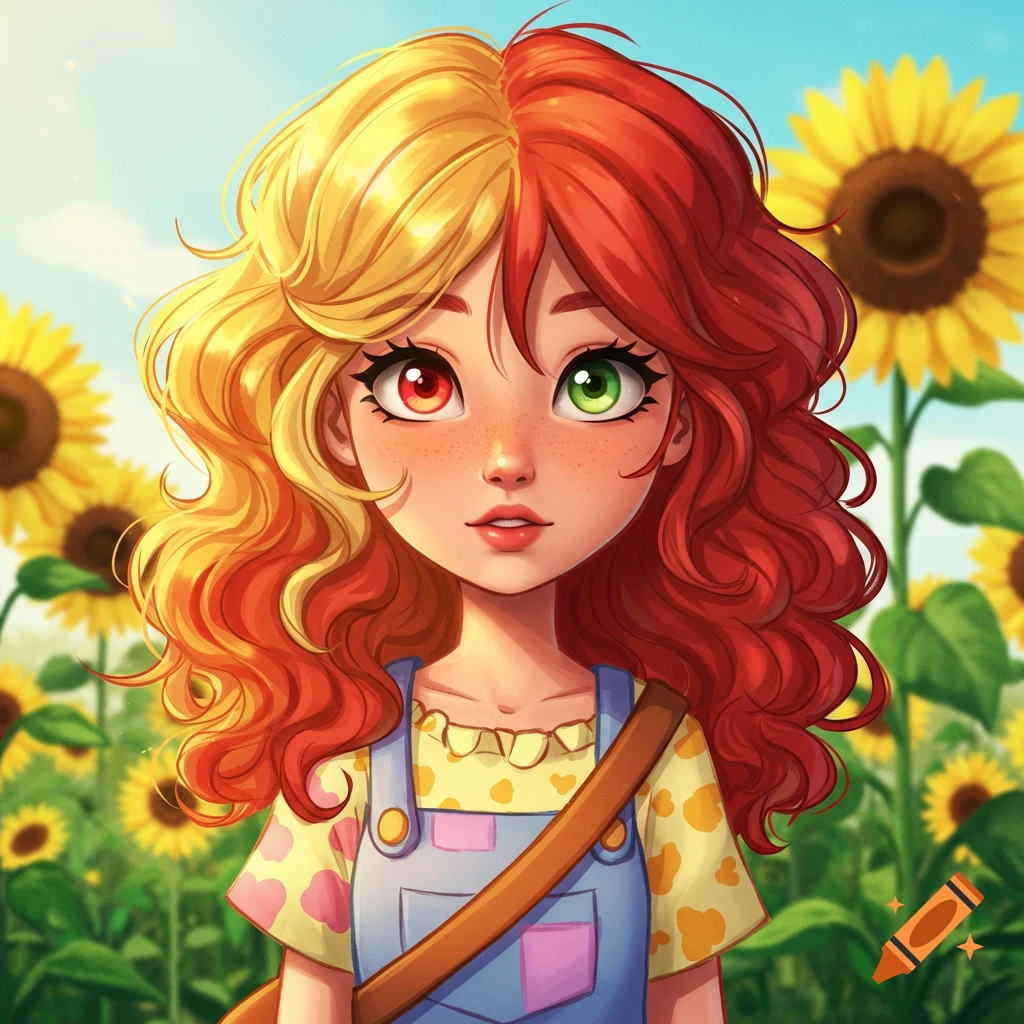 Cartoon girl with half red, half blonde hair and mismatched red and green eyes, standing in a sunny sunflower field.