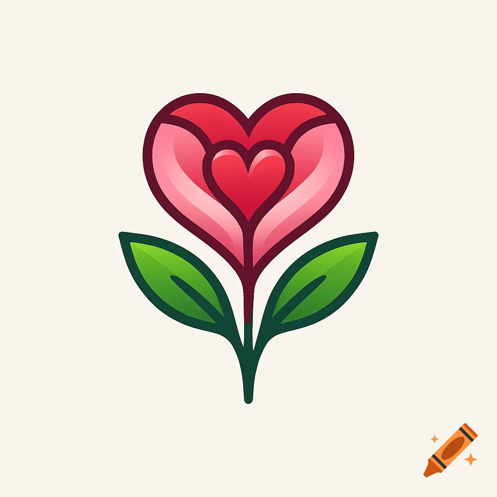 A stylized red and pink heart-shaped flower logo with green leaves on a light background.
