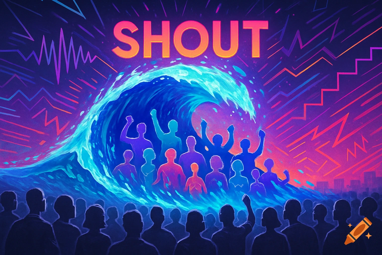 Vibrant illustration of a crowd looking towards a stylized blue wave with figures emerging, and the word 'SHOUT' above, against an energetic purple and pink background.