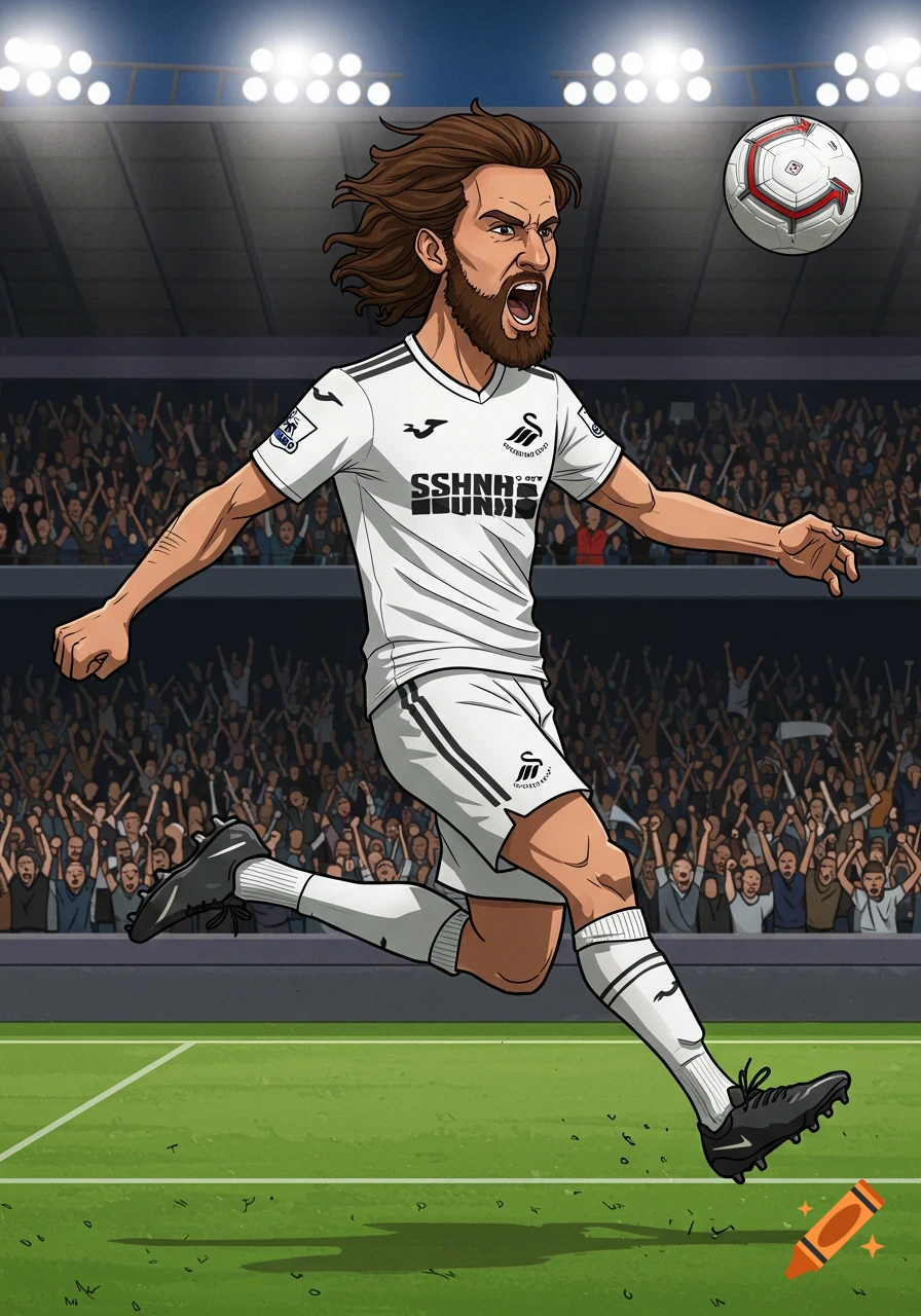 A cartoon soccer player with shaggy brown hair and a beard, wearing a white jersey, celebrates a goal in a stadium.