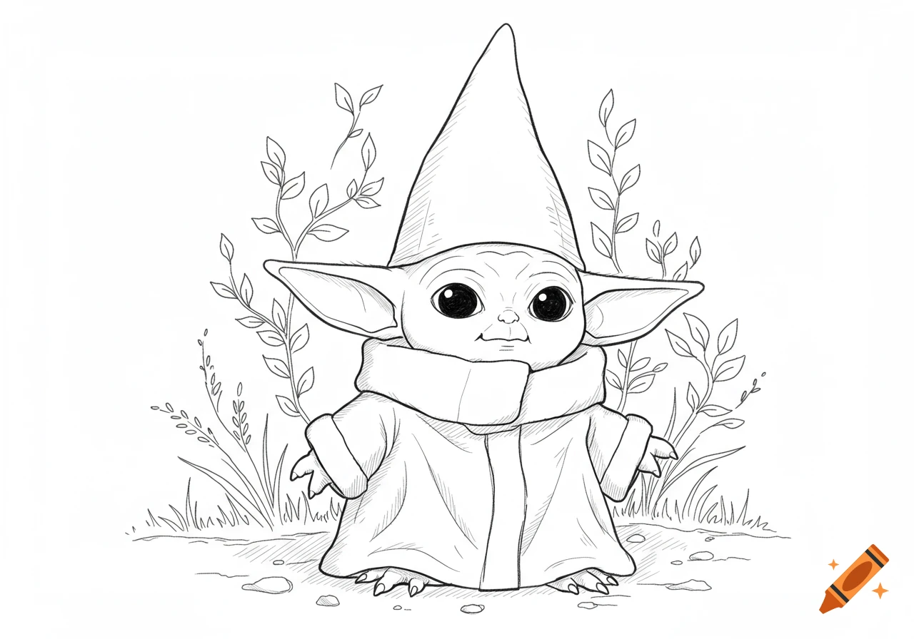 Baby Yoda wearing a gnome hat, a black and white line drawing for a coloring page, with plants in the background.