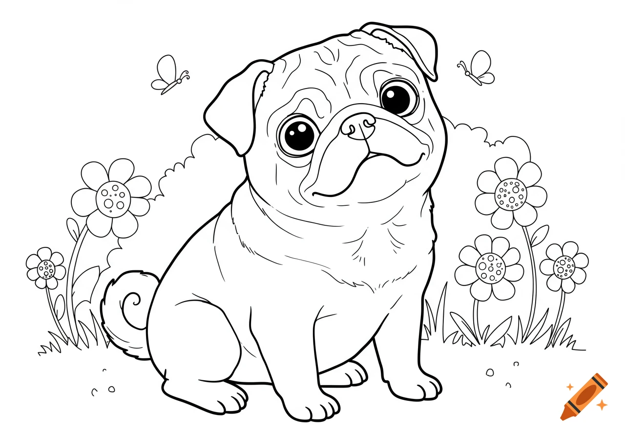 A black and white line drawing of a pug dog sitting among flowers and butterflies, for a coloring book.