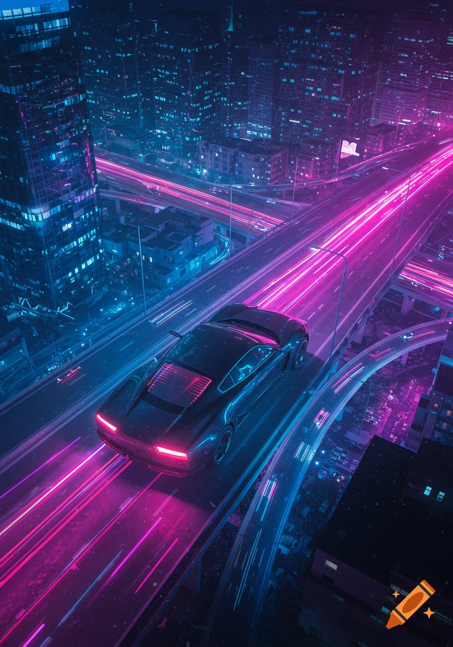 Overhead view of a black car driving on a multi-level highway through a futuristic city at night, with long pink and blue light trails.