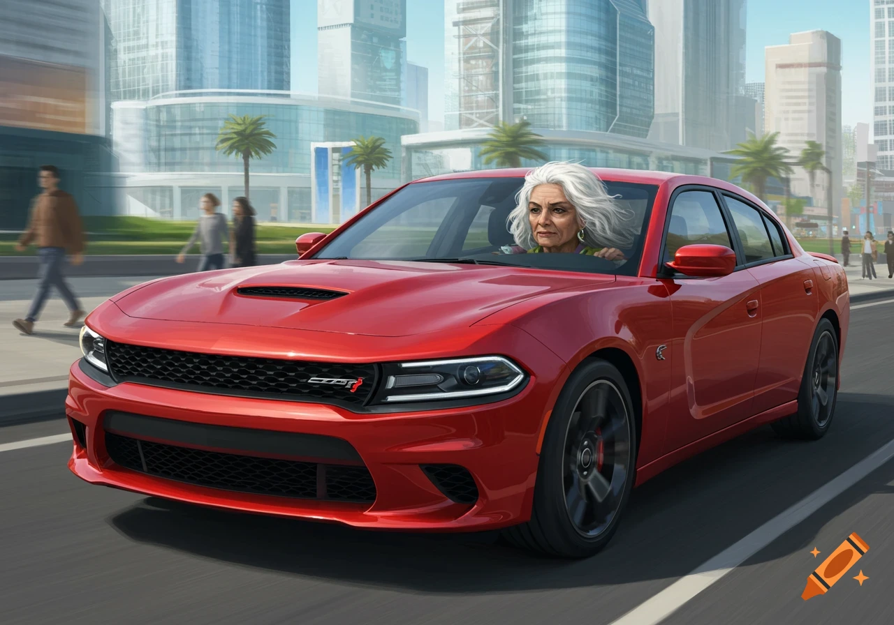 An old woman with white hair drives a bright red Dodge Charger down a city street, with buildings and pedestrians in the background.