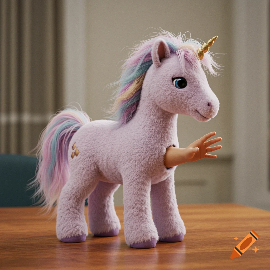Photorealistic plush lavender unicorn with rainbow mane and golden horn on a wooden table, with a human hand reaching out from its side.