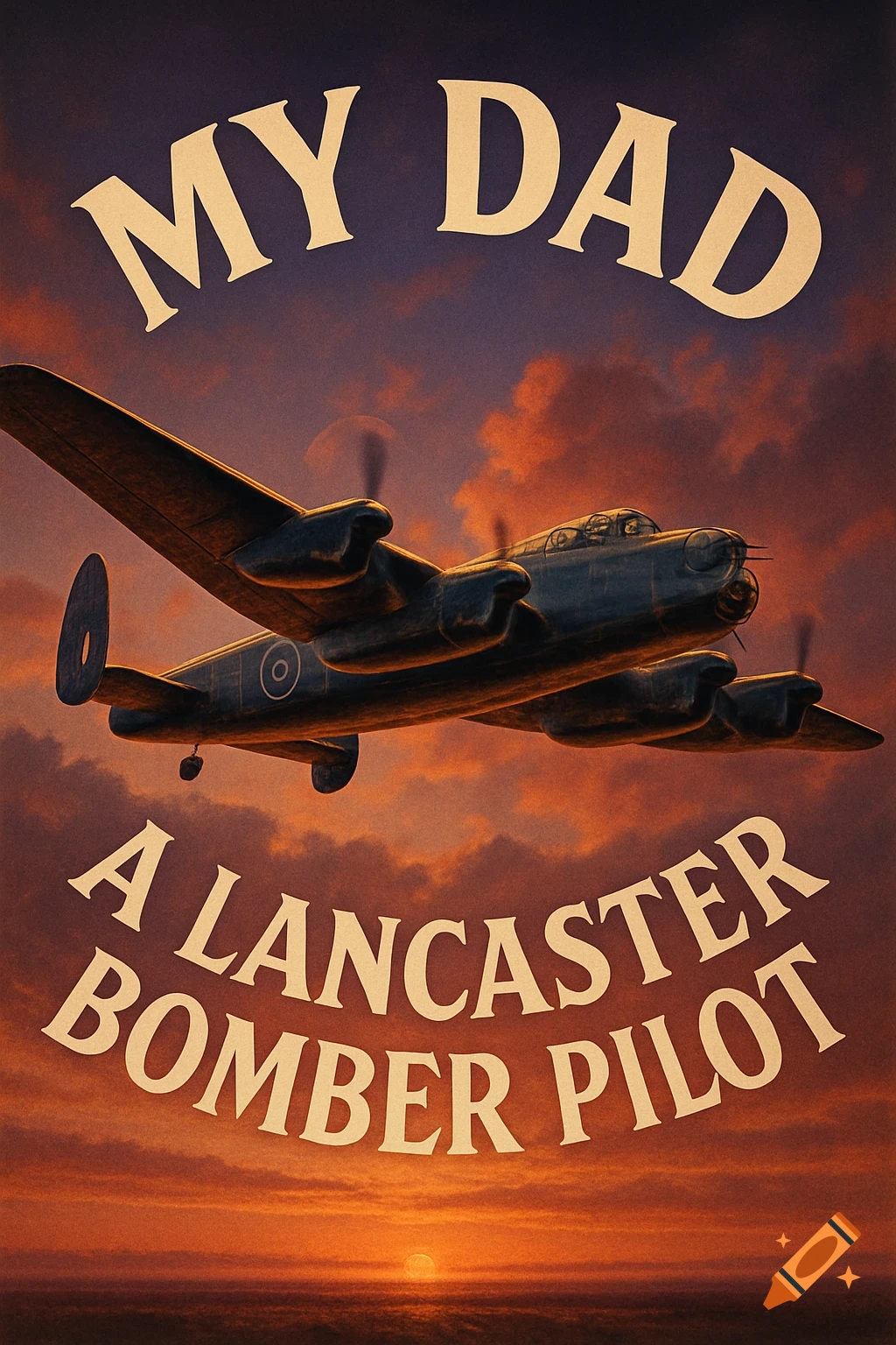 A Lancaster Bomber plane flies against a vibrant orange and purple sunset sky, with the words "MY DAD" arced above it and "A LANCASTER BOMBER PILOT" arced below it.