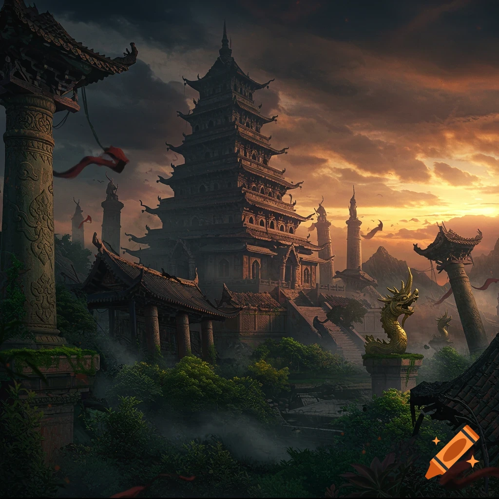 A dramatic scene of an ancient oriental palace with a golden dragon statue under a stormy sunset sky.