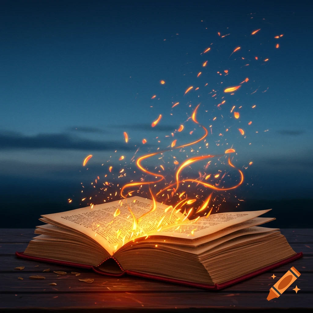 An open book with a red cover lies on a wooden surface, with bright orange fire and embers rising from its pages into a dark blue sky.